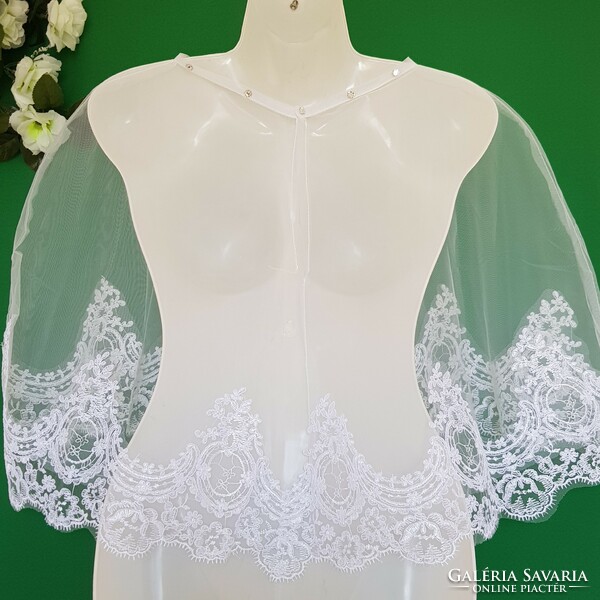 New snow white bridal cape with rhinestones, lace edge, short cloak