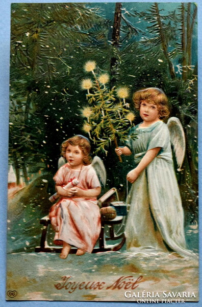 Antique embossed Christmas greeting card - angels, winter night, Christmas tree