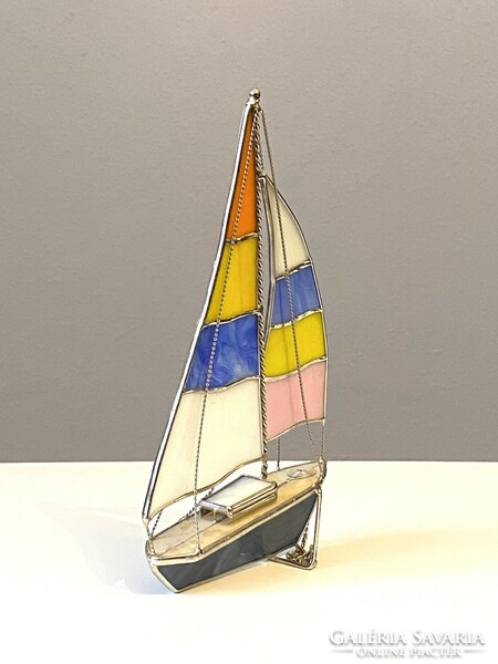 Lead glass sailing ship table decoration made of colored plastic sheets 28 cm