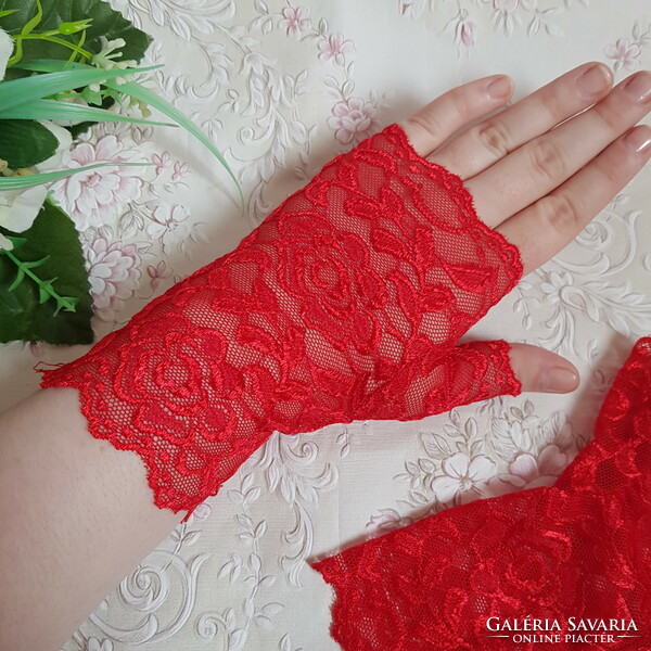 New, custom-made, single-fingered red lace gloves