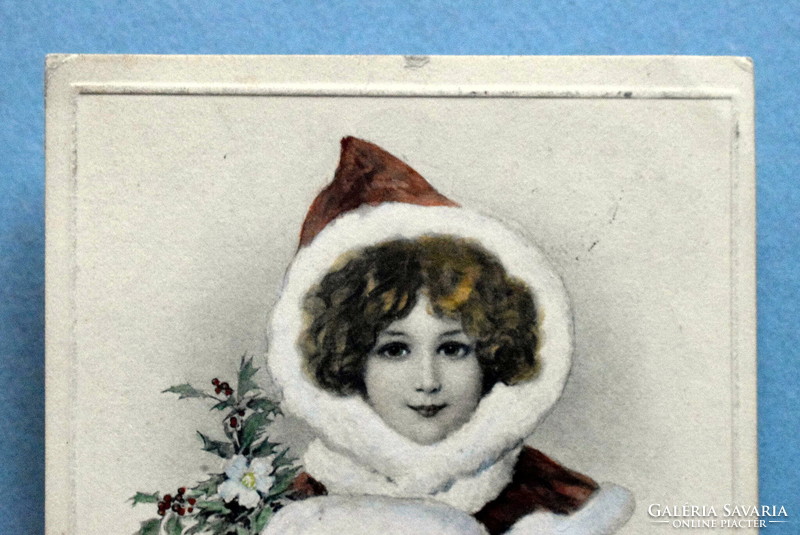 Antique Vienne-style, hand-painted greeting card - little girl in winter clothes