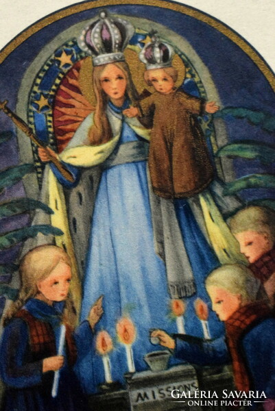 Art deco Karácsonyi grafikus üdvözlő képeslap - Szűz Mária , Kis Jézus , gyerekek
