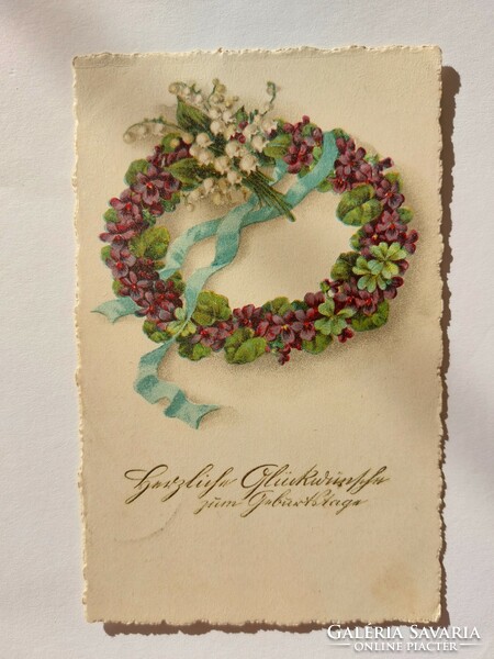 Régi képeslap levelezőlap virágkoszorú lóhere ibolya gyöngyvirág