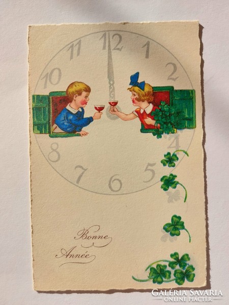 Régi újévi képeslap levelezőlap éjféli koccintó gyerekek lóhere