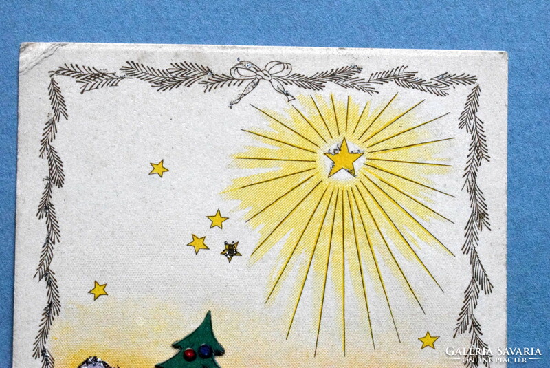 Régi dekupázs Karácsonyi üdvözlő képeslap glitterrel