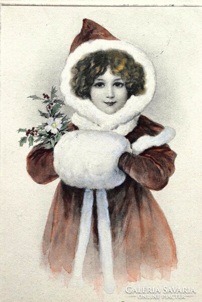Antik Vienne stílusú , kézzel kifestett üdvözlő képeslap - kisleány téli ruhában
