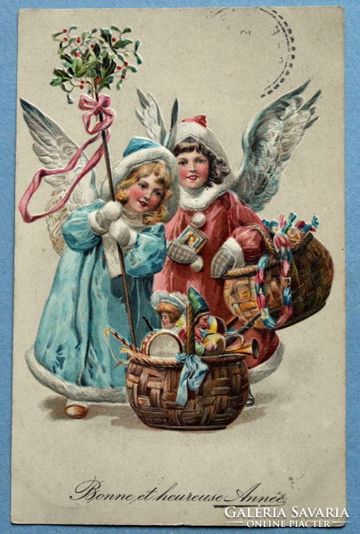 Antik dombornyomott Karácsonyi üdvözlő képeslap - angyalkák kosárnyi játékkal