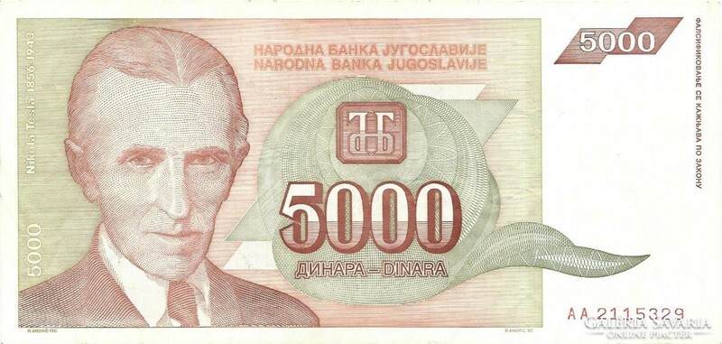 5000 Dinars 1993 Yugoslavia 1.