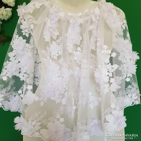 New Custom Made 3D Floral Lace Embroidered Snow White Bridal Cape Short Cloak