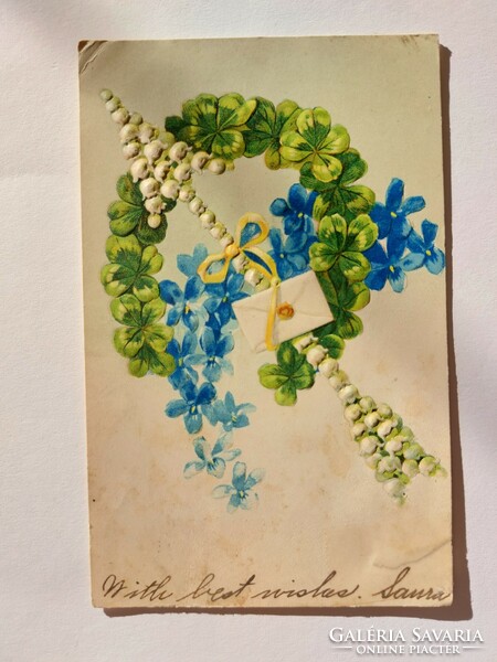 Old postcard embossed postcard clover lily flower arrow