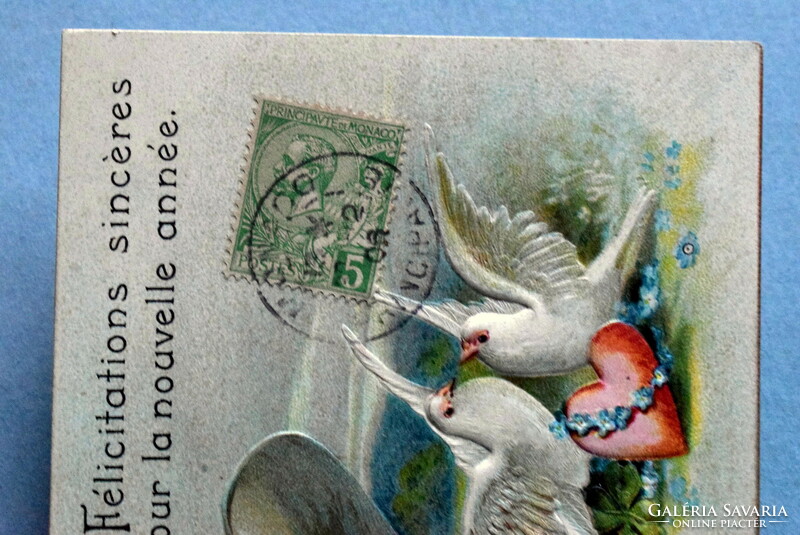 Antique embossed New Year greeting card - angel with huge hat, pair of doves, heart