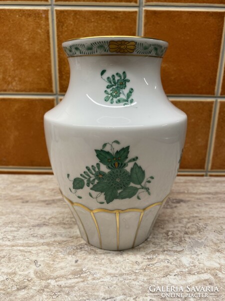 Herendi zöld Apponyi mintás váza, kézzel festett 16x11