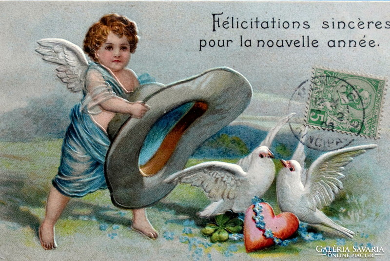 Antique embossed New Year greeting card - angel with huge hat, pair of doves, heart