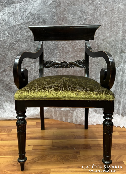 Antique style armchair with olive green printed pattern upholstery