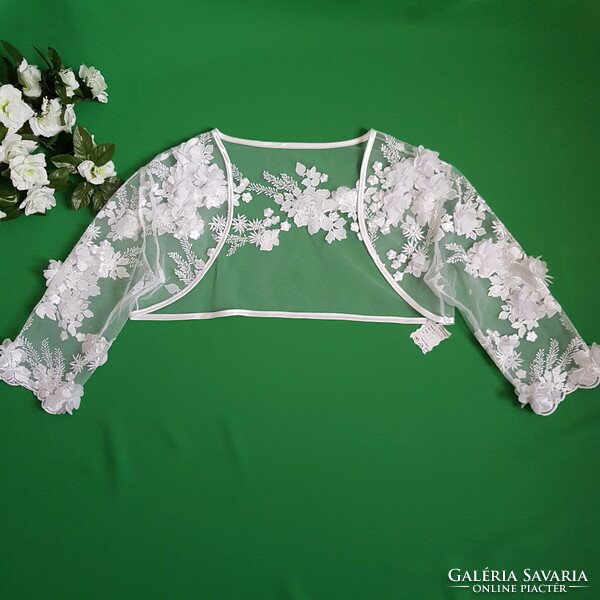 Új, Egyedi készítésű, kb. 2-3XL-es, 3D virágos, csipkés, hímzett hófehér menyasszonyi boleró