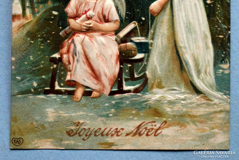 Antik dombornyomott Karácsonyi üdvözlő képeslap - angyalkák, téli éjszaka , karácsonyfa