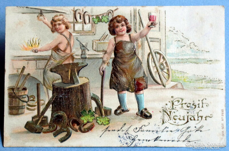 Antique embossed New Year greeting card - blacksmith's workshop, children, golden lucky horseshoe