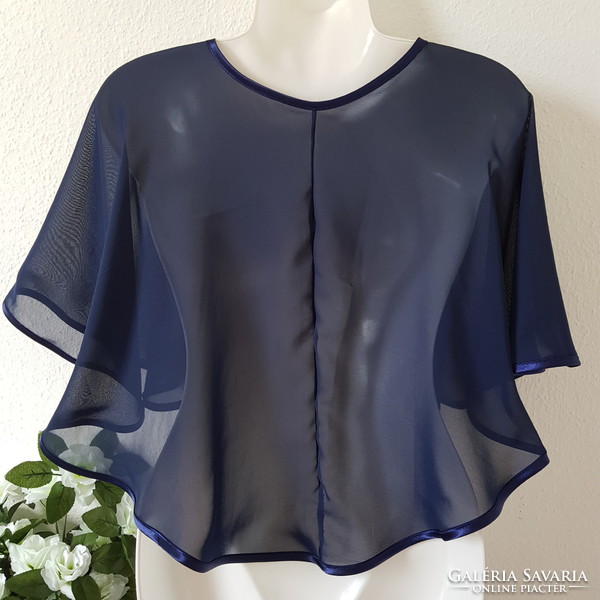 New, custom-made satin-trimmed dark blue muslin bridal cape, short cape
