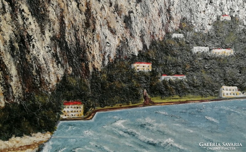 Skyline of the Adriatic coastal town of Omis, large oil-on-canvas painting, signed, unframed