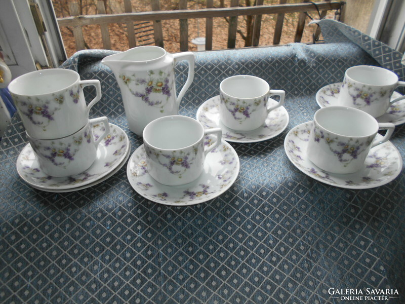 Porcelain set with violet and daisy pattern 6 cups + 6 plates + spout - perfect