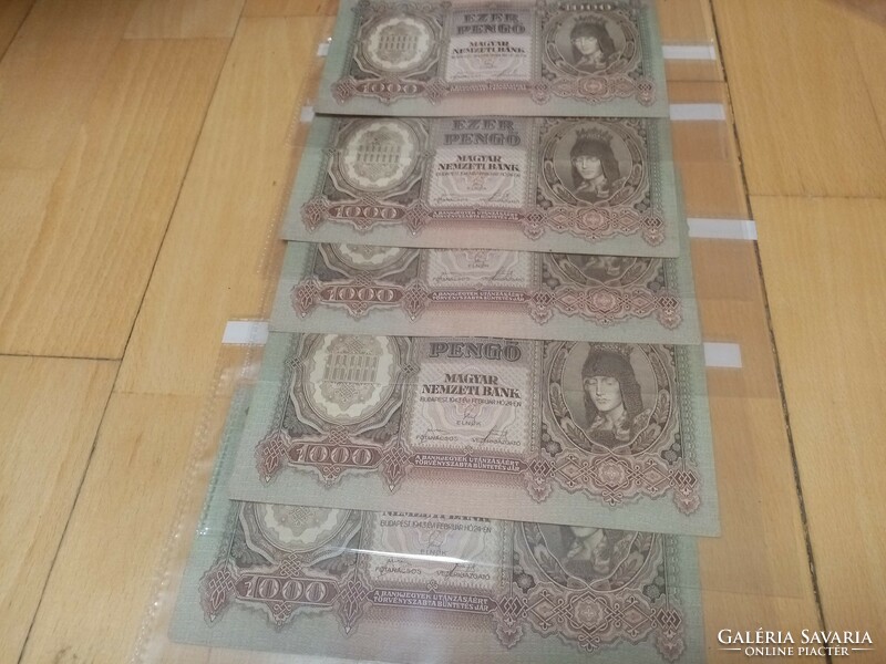 5 db sorszámkövető 1000 pengő, 1943.02.24. veszprémi sorból   ﻿Ajánlatot várok.