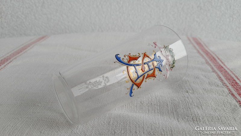 Blown glass, painted with enamel, monogrammed, antique commemorative cup