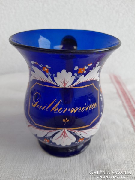 Blown huta blue cobalt glass antique bieder souvenir cup with handle