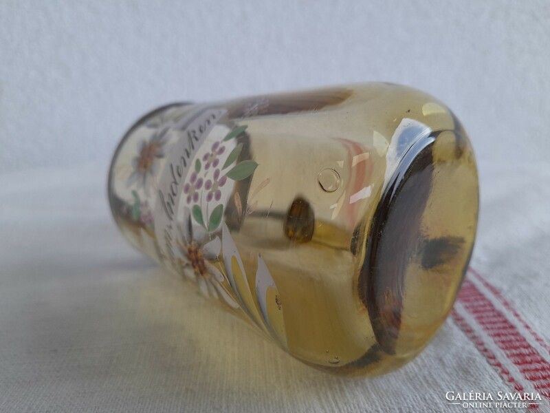 Blown glass, enamel-painted antique souvenir glass, with tin frame lid