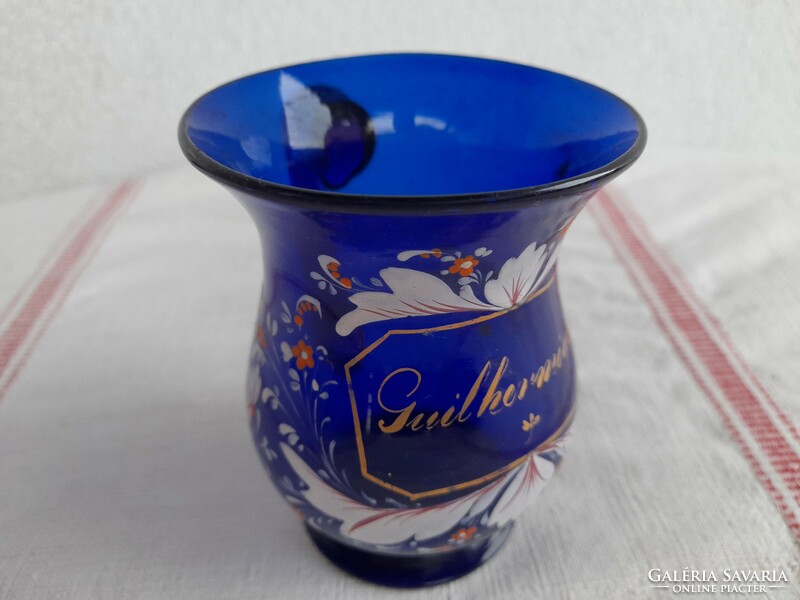 Blown huta blue cobalt glass antique bieder souvenir cup with handle