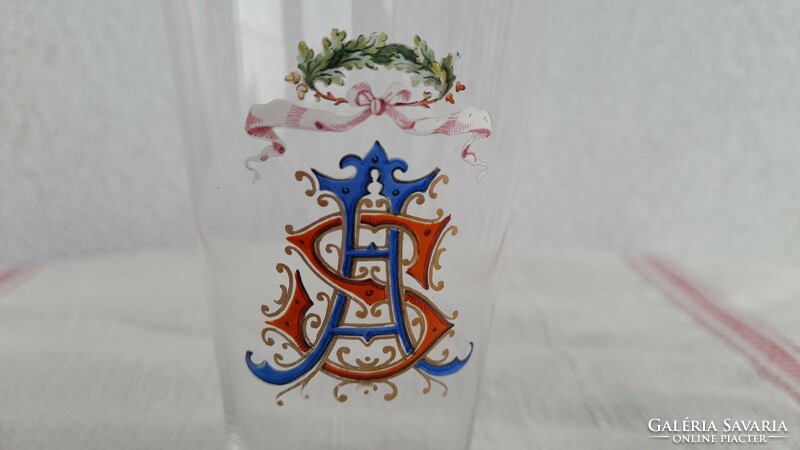 Blown glass, painted with enamel, monogrammed, antique commemorative cup