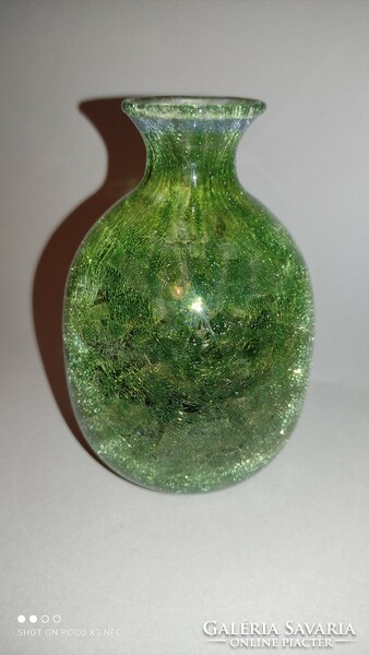 Karcagi repesztett mohazöld fátyolüveg váza ritka szín gyűjtői
