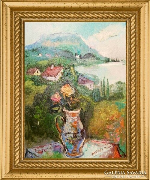 Mária Halácsy: rose still life with a mountain village in the background. Modern painting