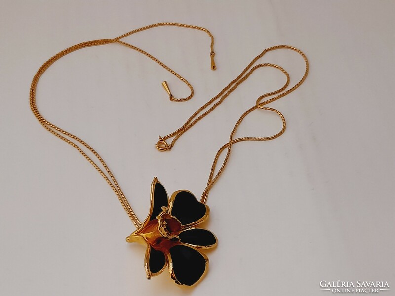 Vintage black orchid sliding pendant on chain, marked, risis