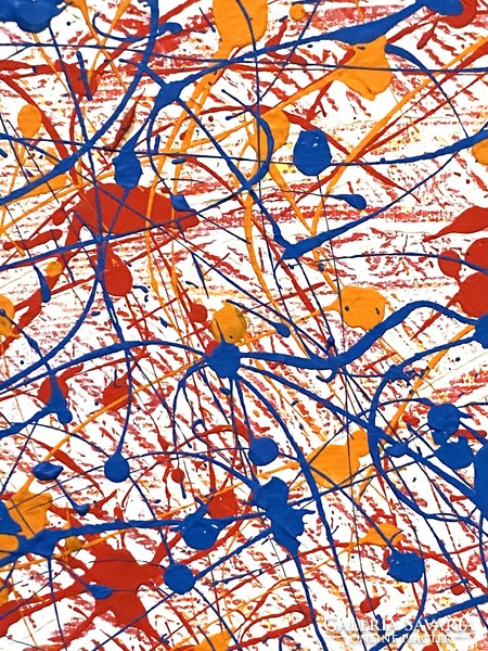 A rectangular modern painting with squiggles on a white background