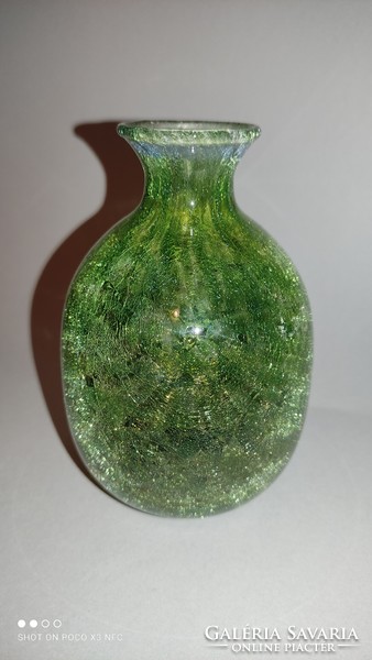 Karcagi repesztett mohazöld fátyolüveg váza ritka szín gyűjtői
