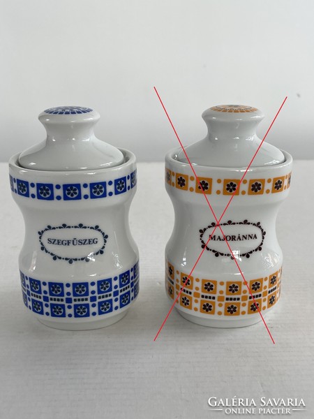 2 retro, vintage lowland porcelain spice holders: marjoram, cloves