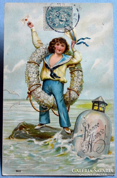 Antique embossed New Year greeting card - little sailor boy, flower lifebuoy, buoy, sea
