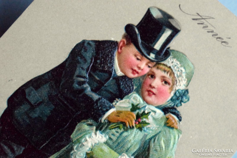 Antique embossed New Year greeting card - little girl, little boy in elegant clothes