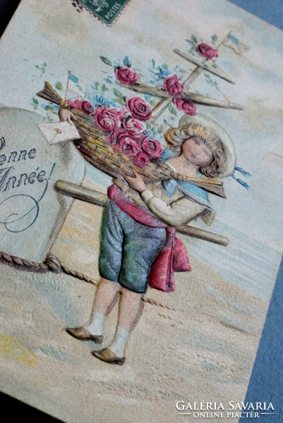Antique embossed New Year greeting card - sailor boy with pink straw boat, sea