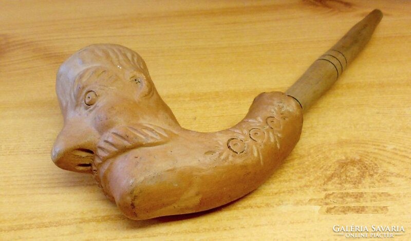 Ceramic pipe with a large mustache figure, natural wood handle, for collection