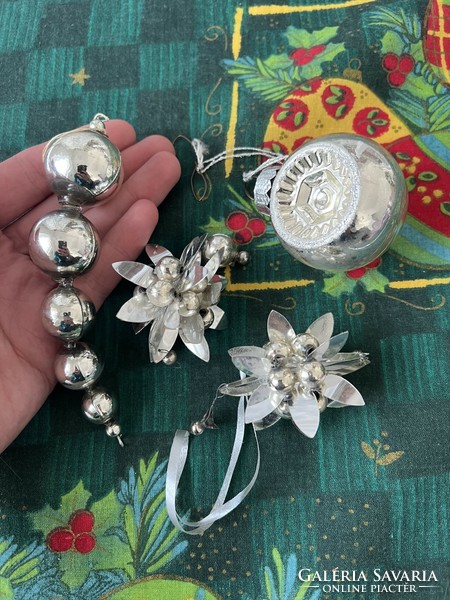 Old silver glass Christmas tree decoration icicle sphere star tapestry