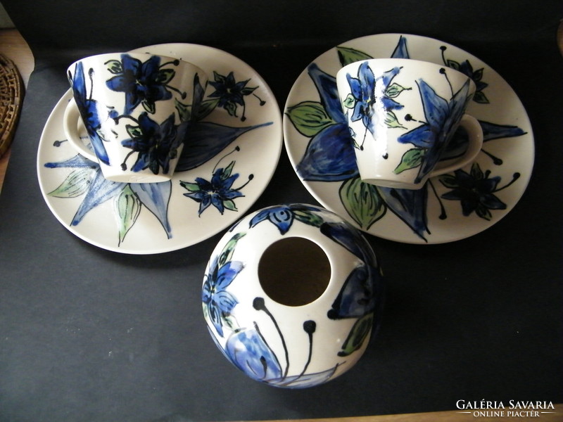 Unique, handmade, painted blue floral ceramic mugs, bowls, vase set for 2