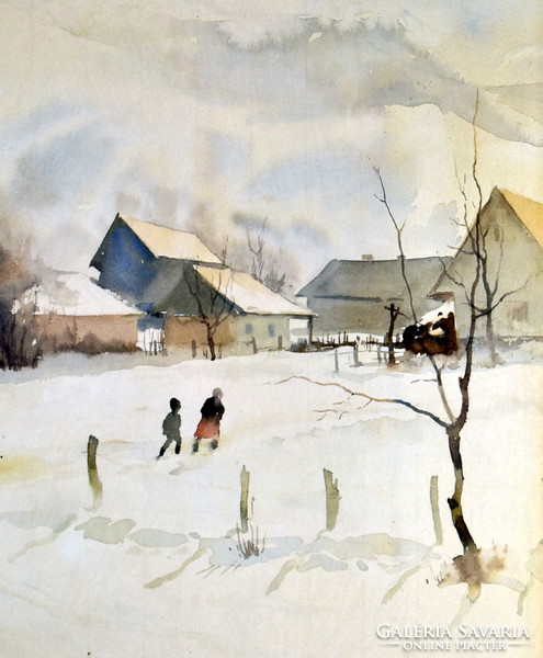 István Élesdy (1912 - 1987) village at the foot of the mountains in winter
