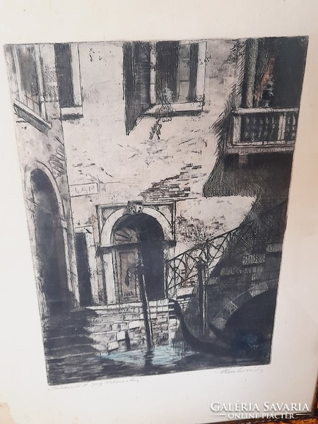 Pál Paulovits Moonlight corner in Venice, etching