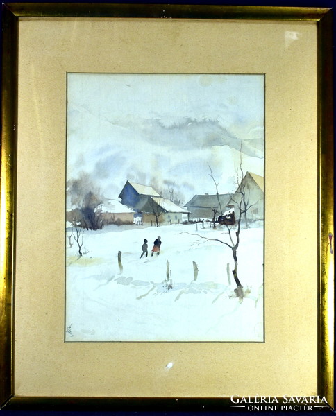 István Élesdy (1912 - 1987) village at the foot of the mountains in winter