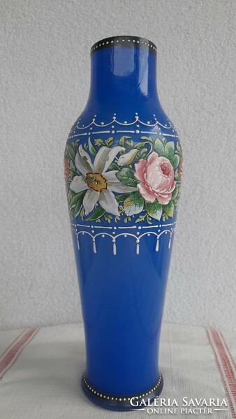 Blown cobalt glass enamel painted large antique vase, 33 cm, damaged
