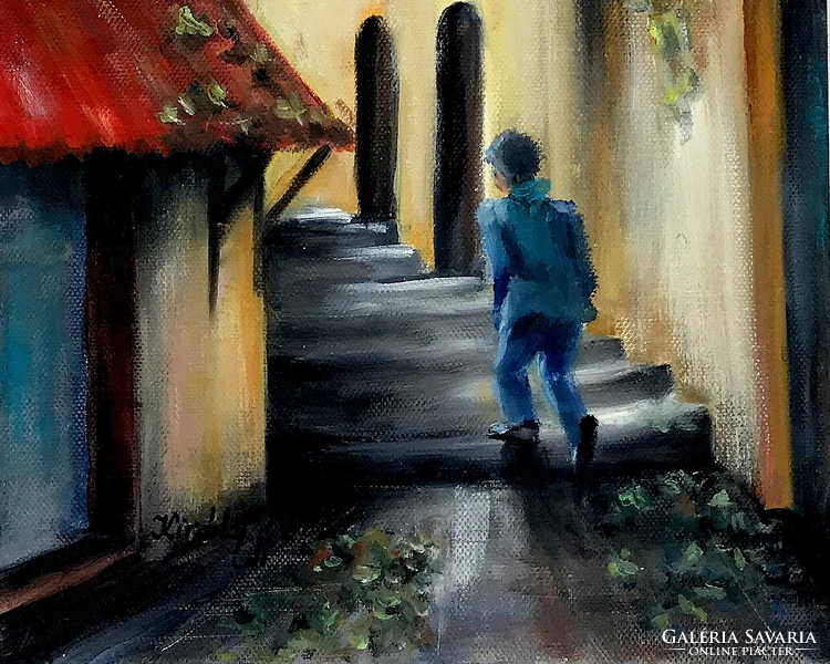 Autumn in the alley - oil painting - 58 x 25 cm