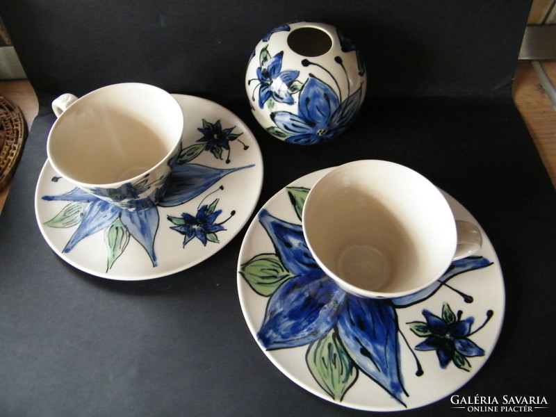 Unique, handmade, painted blue floral ceramic mugs, bowls, vase set for 2