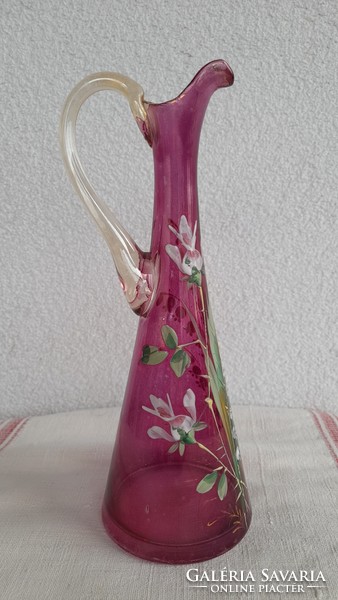 Art Nouveau blown glass enamel painted antique pourer, carafe, 24 cm