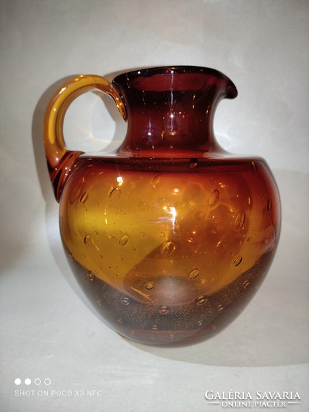 Vintage amber glass pouring jug vase with bubble amber glass